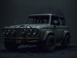 Wracked old rusty car overgrown with foliage in dark background photo