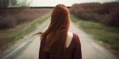 Back view of young woman standing on country road gazing into distance. . photo