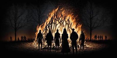 Hooded figures in silhouette standing around big fire or bonfire at a pagan ritual gathering on walpurgis night. . photo