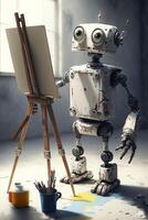 Robot painter painting picture in artist studio. . photo
