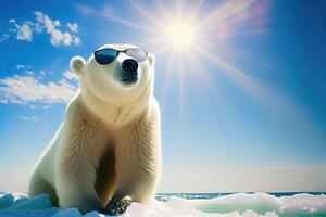 Polar bear or ice bear wearing sunglasses due to global warming climate change. . photo