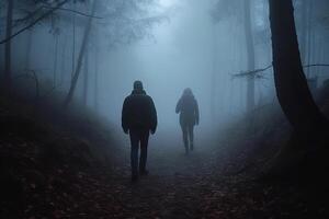 Man follows woman in dark foggy forest. . photo