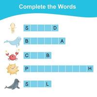 Complete the words worksheet. What letters are missing sheet. Writing activity for children. sea animals name. Educational activity for preschool kids. Vector illustration.