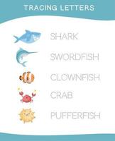 Tracing letters. Tracing names of sea animal names worksheet. Writing practice. Educational printable colorful worksheet. Vector file.