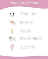 Tracing letters. Tracing names of sea animal names worksheet. Writing practice. Educational printable colorful worksheet. Vector file.