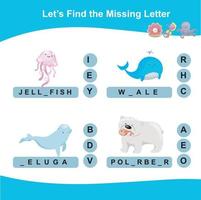 Complete the words worksheet. What letter is missing sheet. Writing activity for children. Sea animals name. Educational activity for preschool kids. Vector illustration.