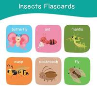 Insects Game flashcards for children. Educational printable game cards with images using funny insect animals for kids. Animals with names. Animal cards vocabulary. Vector illustration.