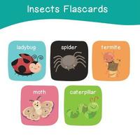insectos juego tarjetas didácticas para niños. educativo imprimible juego tarjetas con imágenes utilizando gracioso insecto animales para niños. animales con nombres animal tarjetas vocabulario. vector ilustración.
