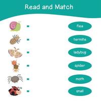 Read and match worksheet game. English alphabet with cartoon animals set. Matching words with images using funny insect animals for kids. Bugs collections. Vector illustration.