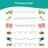 Tracing Lines Game Insects Edition. Educational worksheet. Worksheet activity for preschool kids. Preschool Education. Vector illustration.