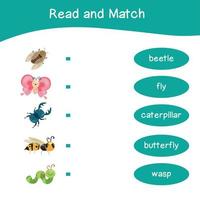 Read and match worksheet game. English alphabet with cartoon animals set. Matching words with images using funny insect animals for kids. Bugs collections. Vector illustration.