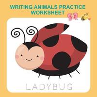 Illustration of writing insect practice worksheet. Educational printable worksheet. Exercises lettering game for kids. Writing activity. Vector illustration.