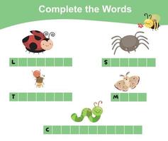 Complete the words worksheet. What letters are missing. Educational worksheet activity for children. Writing activity. Vector illustration.