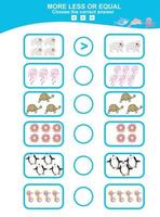 Choose more, less or equal game. Math education worksheet with animal theme.  Educational printable math worksheet. Vector illustration.