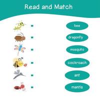 Read and match worksheet game. English alphabet with cartoon animals set. Matching words with images using funny insect animals for kids. Bugs collections. Vector illustration.