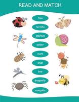 Read and match worksheet game. English alphabet with cartoon animals set. Matching words with images using funny insect animals for kids. Bugs collections. Vector illustration.