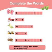 Complete the words worksheet. What letters are missing. Educational worksheet activity for children. Writing activity. Vector illustration.