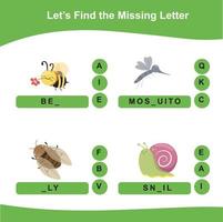 Find the missing letter worksheet. What letter is missing. Educational worksheet activity for children. Writing activity. Vector illustration.