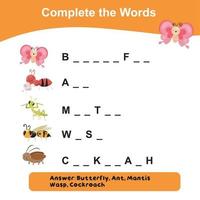 Complete the words worksheet. What letters are missing. Educational worksheet activity for children. Writing activity. Vector illustration.