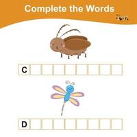 Complete the words worksheet. What letters are missing. Educational worksheet activity for children. Writing activity. Vector illustration.