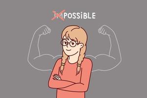 Proud little girl stands with arms crossed near inscription impossible is possible and muscular arms drawn on blackboard. Schoolgirl teenager successfully cope with challenge and gained new knowledge vector
