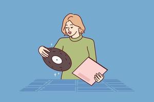 Woman chooses vinyl record standing in store for retro music collectors and analog audio lovers. Girl is looking for classical music from favorite composer at used vinyl record fair vector