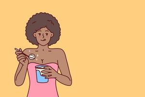 africano americano mujer comiendo hielo crema disfrutando frío postre a frio abajo después caliente caminar. Rizado étnico niña con hielo crema satisface hambre y lame labios falto a ser refrescado en verano clima vector