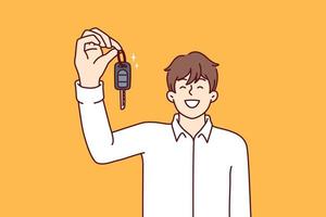 Happy man showing off car keys after getting loan or leasing to buy new car. Guy selling automobile dealership with smile recommends purchasing new auto model in good configuration at bargain price vector