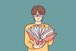 Guy student leafing through book in search information for preparation of essay given by university teacher. Man with book reads for self-education and gaining new knowledge from classical literature vector