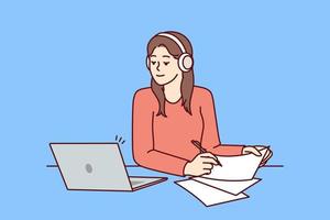 Woman with laptop sits at table and watches training webinar for gaining new skills and makes notes on paper. Attentive girl in headphones using laptop to get online education at university or college vector