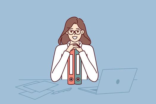 Business woman sits at table leaning on folders and smiling looking at camera rejoicing at success in career as office clerk. Girl manager with documents on desk rejoices at end of business audit vector