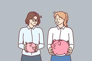 Two women with piggy banks for money of various sizes for concept of income inequality and different levels of wages. Comparison of savings on bank deposit or investments invested in pension account vector