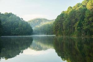 punto de vista montaña reflexión en reservorio , angustia joven, mae hong hijo, Tailandia foto