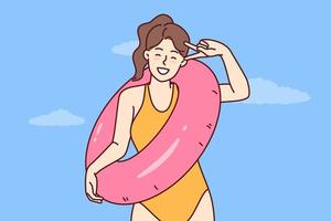 Happy woman in swimsuit for sunbathing and swimming in ocean rejoices in long-awaited summer vacation and holds lifebuoy. Girl tourist in bathing suit for beach or pool is resting on tropical island vector