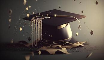 Graduation hat on black background with sparks. Generative ai photo