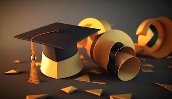 Graduation hat on black background with yellow paper. photo