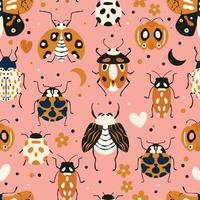 Seamless pattern with cute bugs, beetles, moth and insects, with floral elements, hearts and dots. Colorful hand drawn vector illustration