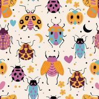 Seamless pattern with cute bugs, beetles, moth and insects, with floral elements, hearts and dots. Colorful hand drawn vector illustration