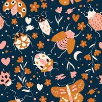 Seamless pattern with cute bugs, beetles, moth and insects, with floral elements, hearts and dots. Colorful hand drawn vector illustration