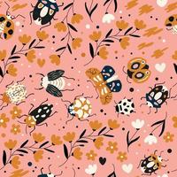 Seamless pattern with cute bugs, beetles, moth and insects, with floral elements, hearts and dots. Colorful hand drawn vector illustration