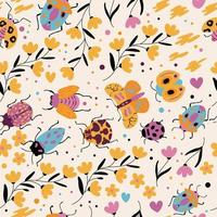 Seamless pattern with cute bugs, beetles, moth and insects, with floral elements, hearts and dots. Colorful hand drawn vector illustration