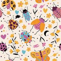 Seamless pattern with cute bugs, beetles, moth and insects, with floral elements, hearts and dots. Colorful hand drawn vector illustration