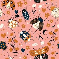 Seamless pattern with cute bugs, beetles, moth and insects, with floral elements, hearts and dots. Colorful hand drawn vector illustration