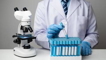 Close up view of scientist analyzing a liquid in the test tubes in laboratory. photo