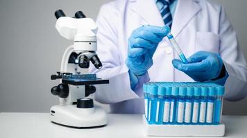 Close up view of scientist analyzing a liquid in the test tubes in laboratory. photo