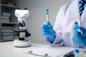 Close up view of scientist researcher testing laboratory experiment with glass equipment in the lab. photo