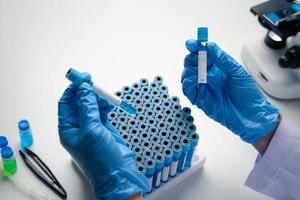 Close up view of scientist analyzing a liquid in the test tubes in laboratory. photo