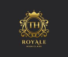 Golden Letter TH template logo Luxury gold letter with crown. Monogram alphabet . Beautiful royal initials letter. vector