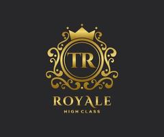 Golden Letter TR template logo Luxury gold letter with crown. Monogram alphabet . Beautiful royal initials letter. vector