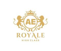 Golden Letter AE template logo Luxury gold letter with crown. Monogram alphabet . Beautiful royal initials letter. vector